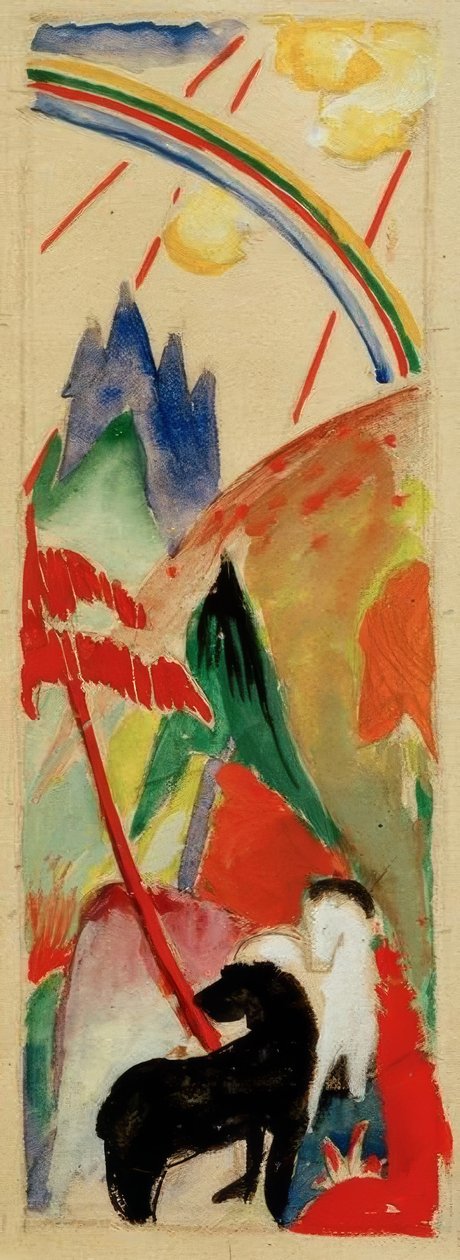 Cavalo preto e branco na paisagem de montanha com rainbo de Franz Marc