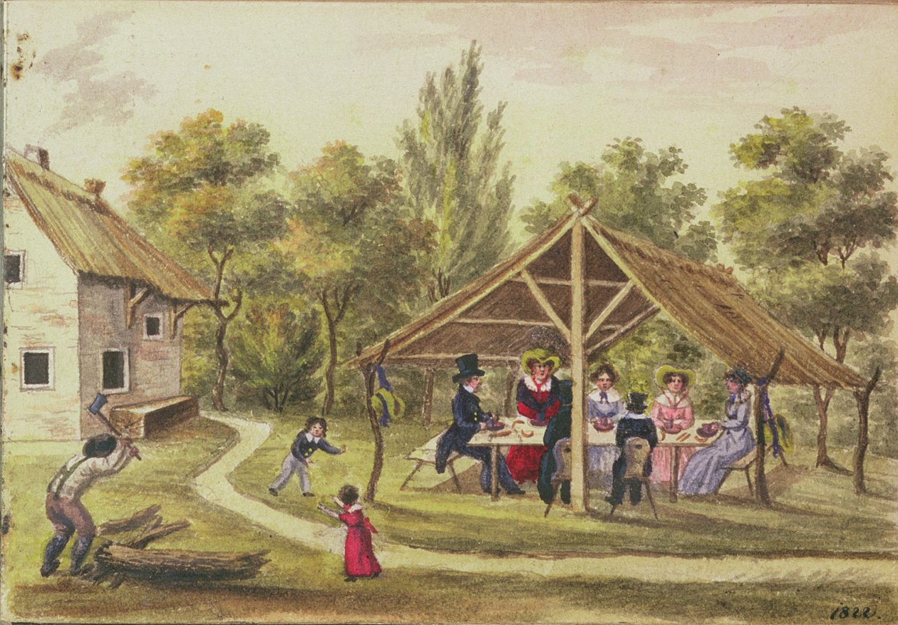 Chá da tarde em uma taverna da revista de Carl Baumann escrita em 1813-25, 1822 de Franz Paumgarrten