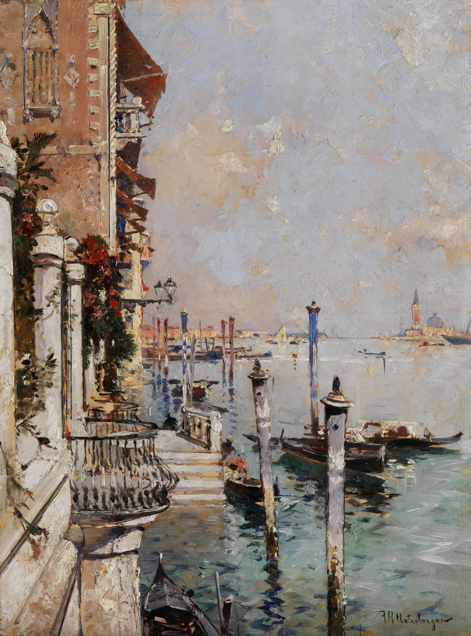 Veneza, vista de um canal sobre o Grande Canal em direção à igreja de San Giorgio de Franz Richard Unterberger