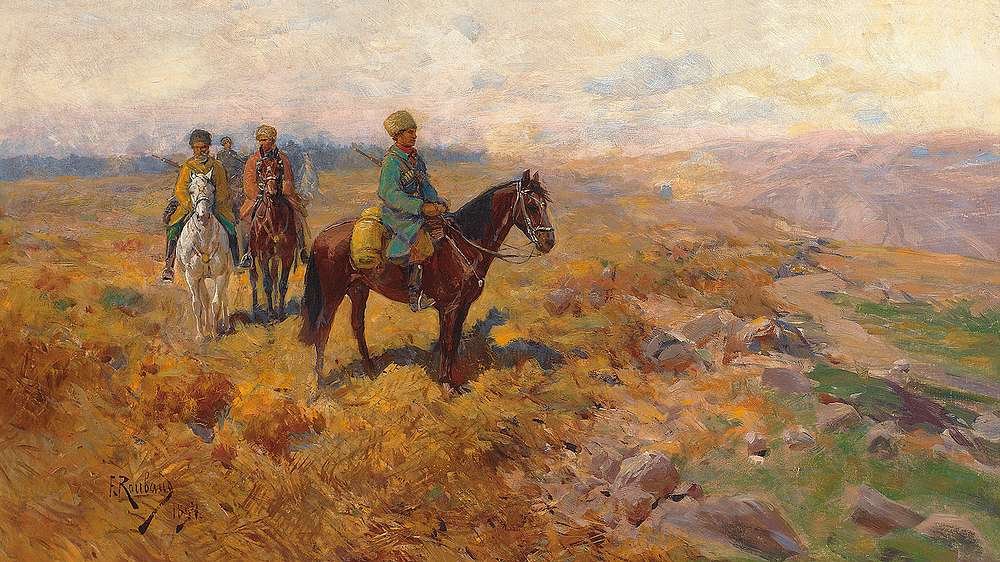 Cavaleiros caucasianos armados em patrulhas de Franz Roubaud