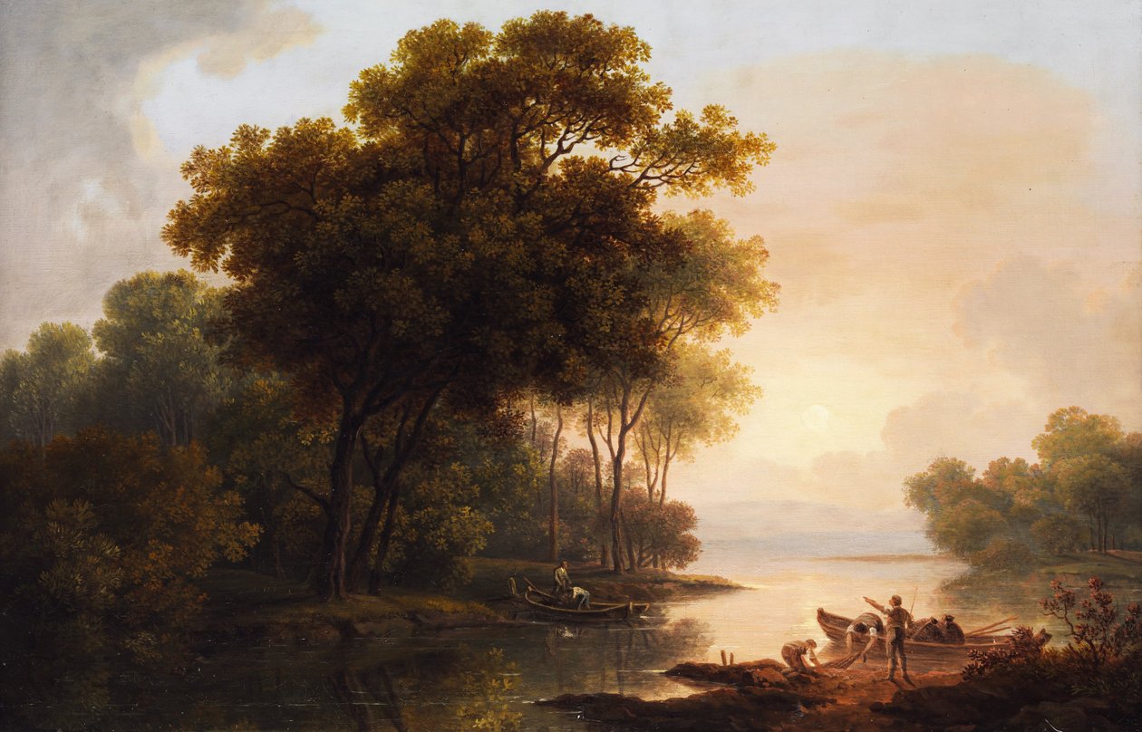 Paisagem da árvore que negligencia um lago na luz atrasada obscura de Franz Scheyerer