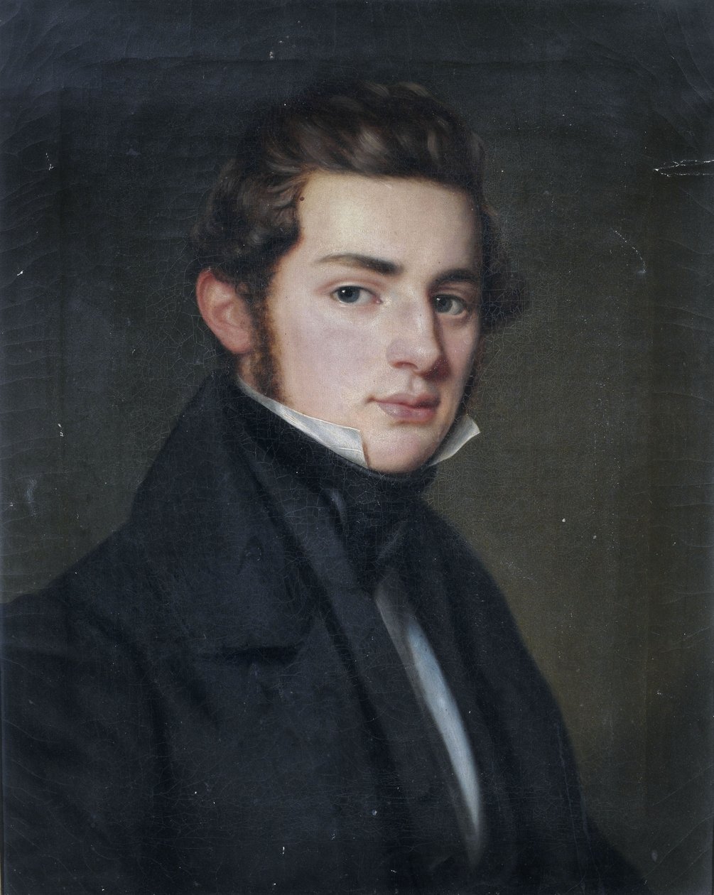 O retrato de um cavalheiro novo em um casaco preto do vestido em três quartos vê à direita. de Franz Seraph Stirnbrand