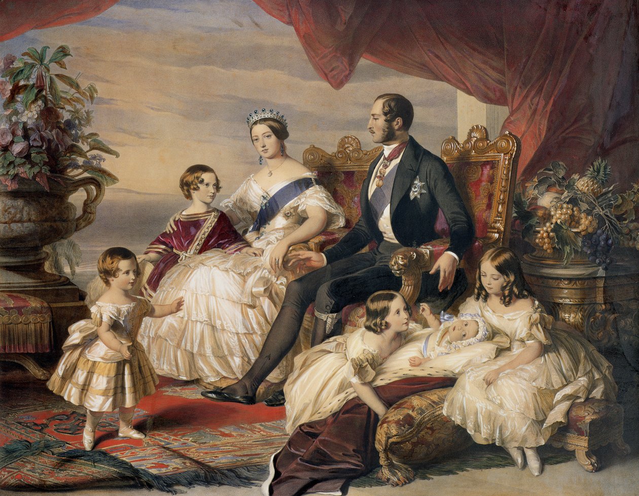 Rainha Vitória (1819-1901) e Príncipe Albert (1819-61) com cinco dos seus filhos, 1846 (gravura a cores) de Franz Xaver Winterhalter