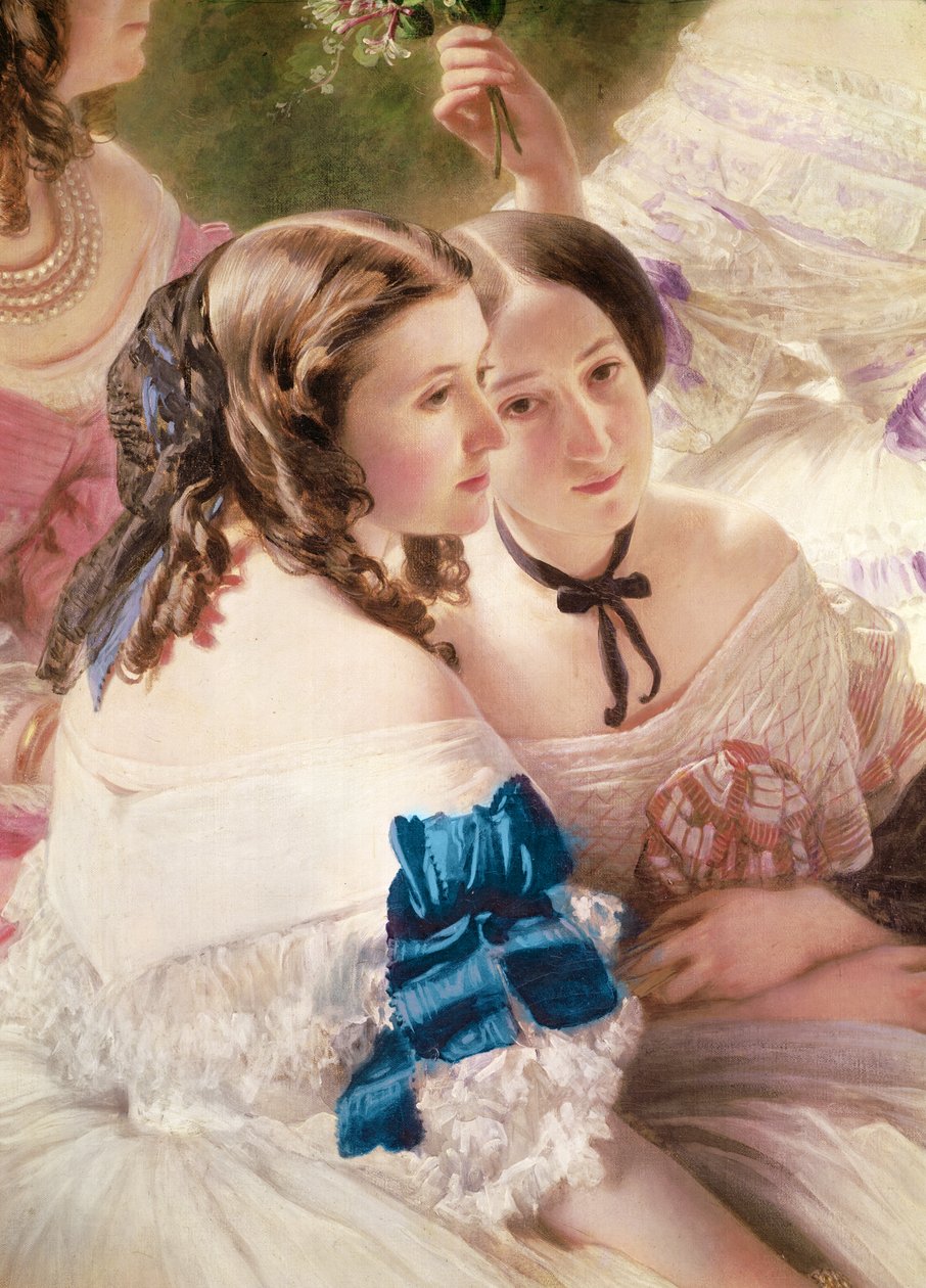A Imperatriz Eugénie Cercada por suas damas em detalhes de espera da baronesa de Pierres, a viscondessa de Lezay-Marnesia, 1855 óleo sobre tela de Franz Xaver Winterhalter