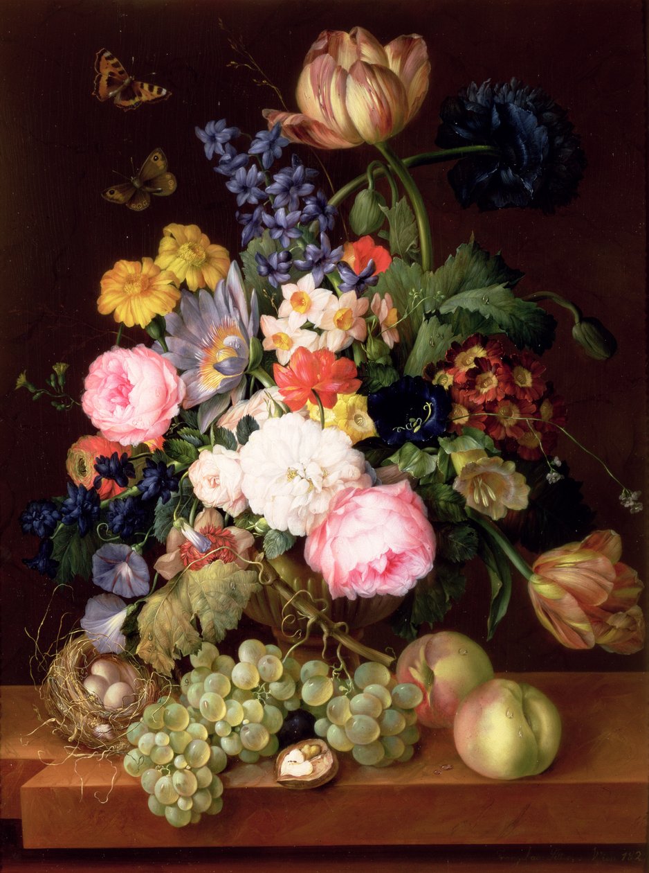 Flores e frutas com um ninho de pássaro em um Ledge, 1821 (painel) de Franz Xavier Petter