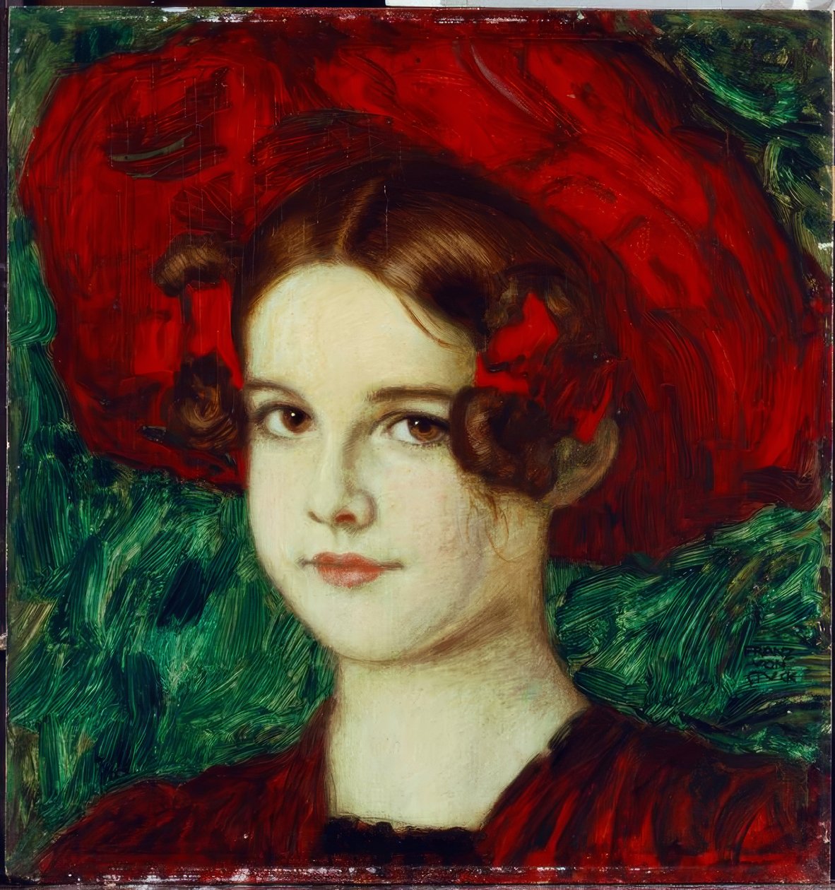 Franz v. Estuque, Maria com Chapéu Vermelho - Pintura, C. 1902 de Franz von Stuck