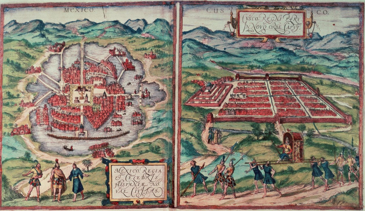 Planos da Cidade do México, México e Cusco City, Peru, de "Voyage Pittoresque" de Carl Nebel (gravura colorida) (ver 141102) de Franz (after) Hogenberg