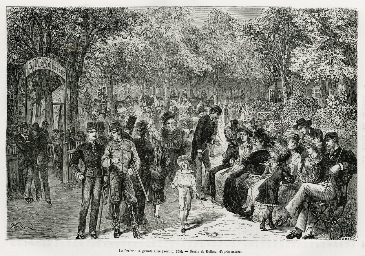 O Prater: o grande passadiço. Gravura de Kollarz, para ilustrar a história Viena e seus subúrbios, de M. Newlinski, em 1881, publicada no Tour du monde, sob a direção de Edouard Charton (1807-1890) de Franz (after) Kollarz