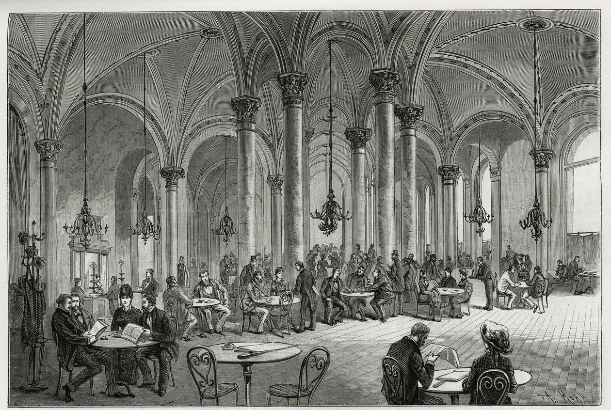 O café central em Viena (Áustria). Gravura de Kollarz, para ilustrar a história Viena e seus arredores, de M. Newlinski, em 1881, publicada no Tour du monde, sob a direção de Edouard Charton (1807-1890). de Franz (after) Kollarz