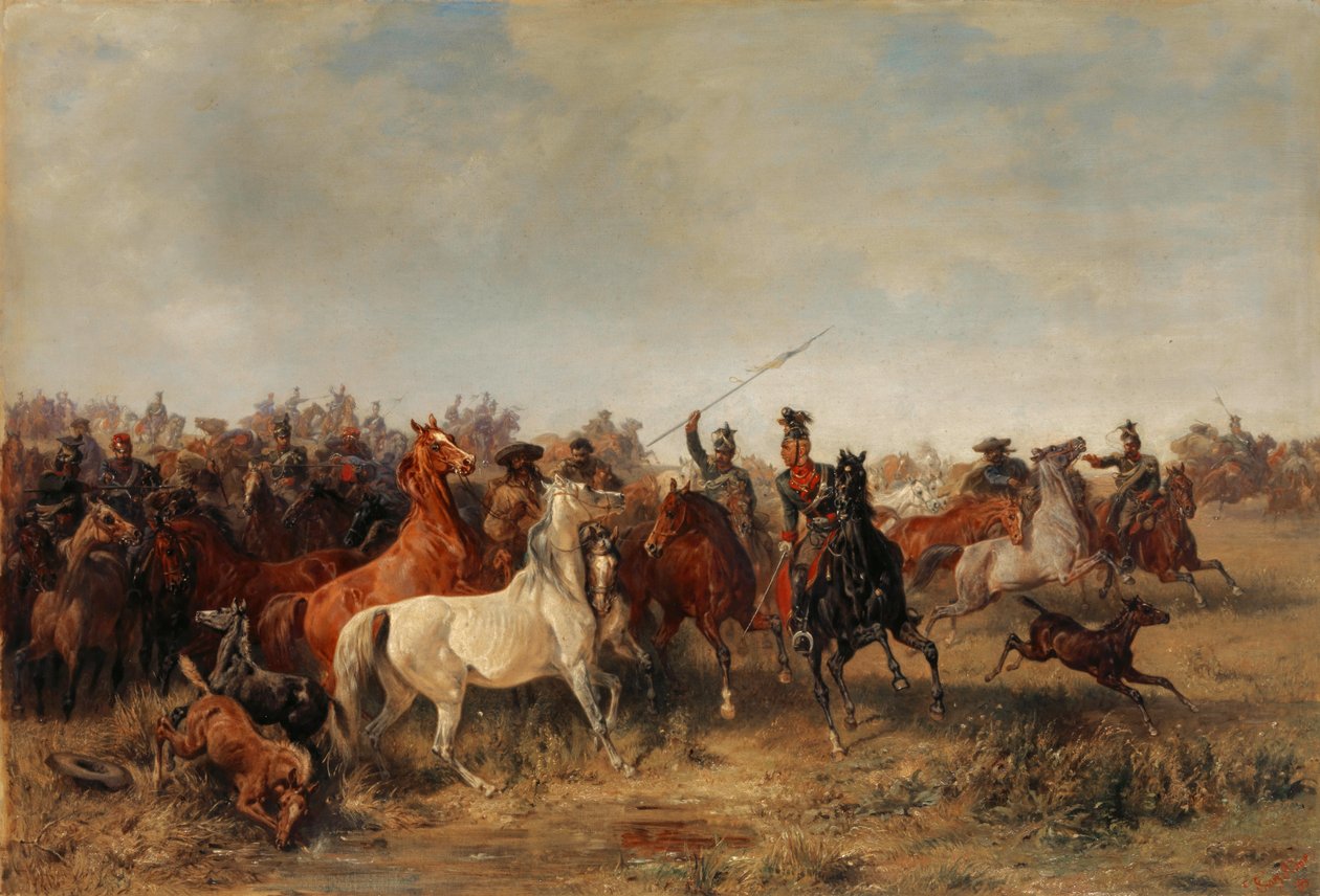 Uhlans roubam cavalos de Honved-Hussars, 1863 de Franz Adam