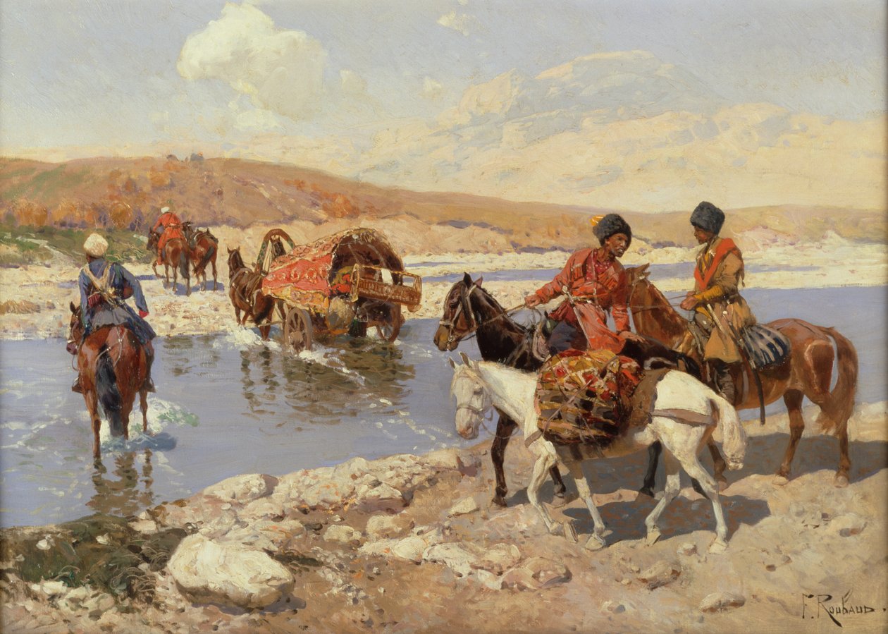 Atravessar o rio (óleo sobre tela) de Franz Alekseevich Roubaud