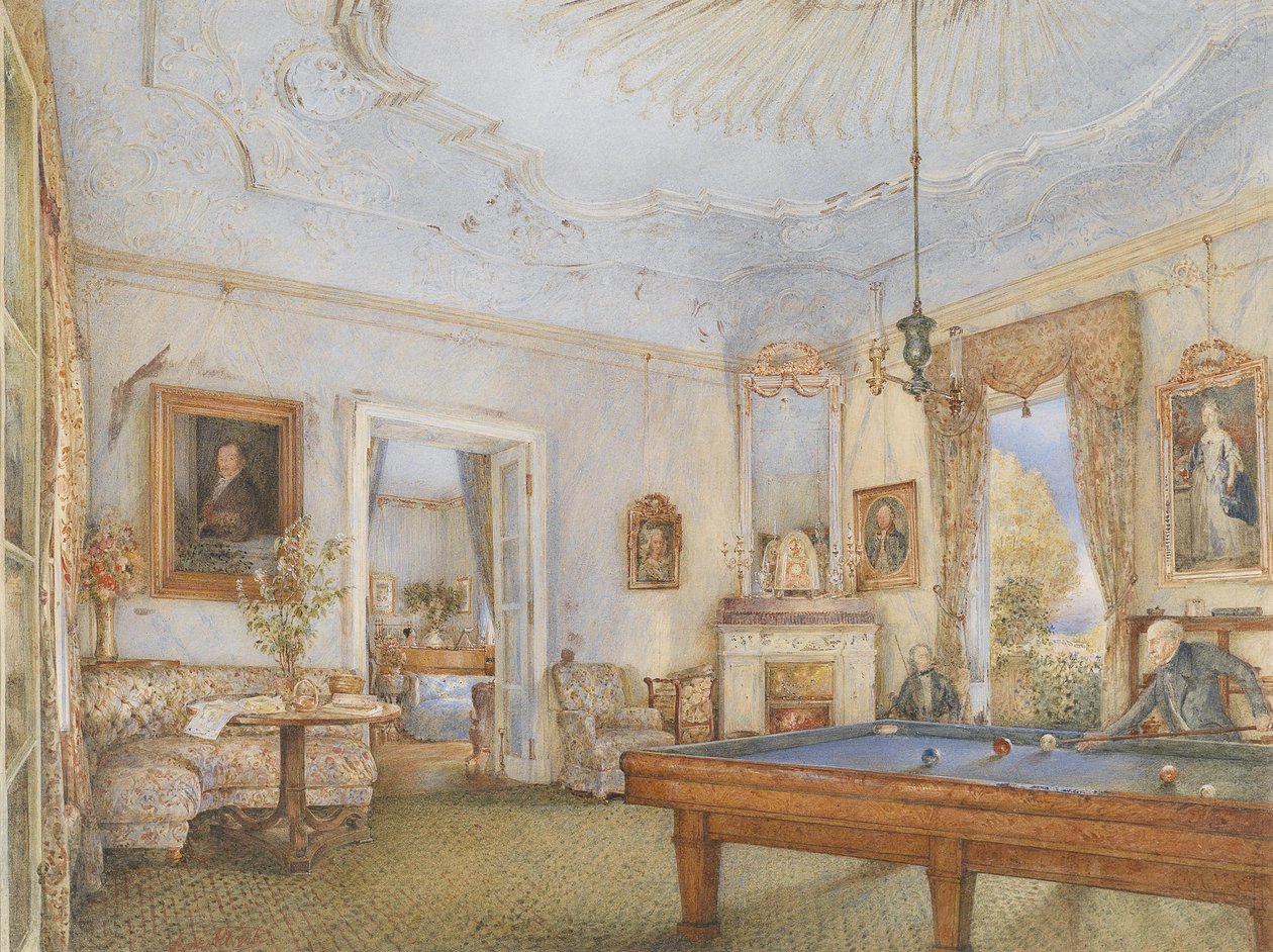 Biedermeier interior com um cavalheiro a jogar bilhar de Franz Alt