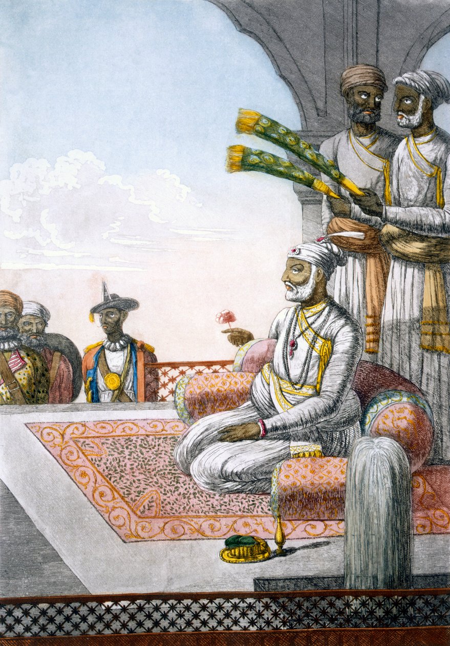 Em Rahjah com atendentes, de "Os Hindus ou a descrição de seus costumes alfandegários em cerimônias", pub. 1808-12 (gravura colorida) de Franz Balthazar Solvyns