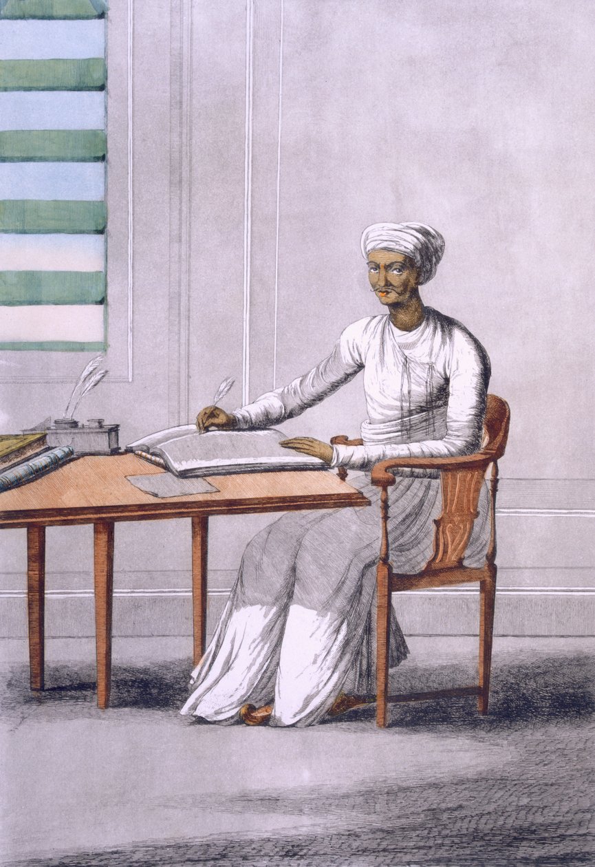 Um causto (clerkscribe), de "Os Hindus ou a Descrição de seus Costumes e Cerimônias", pub. 1808-12 (gravura colorida) de Franz Balthazar Solvyns
