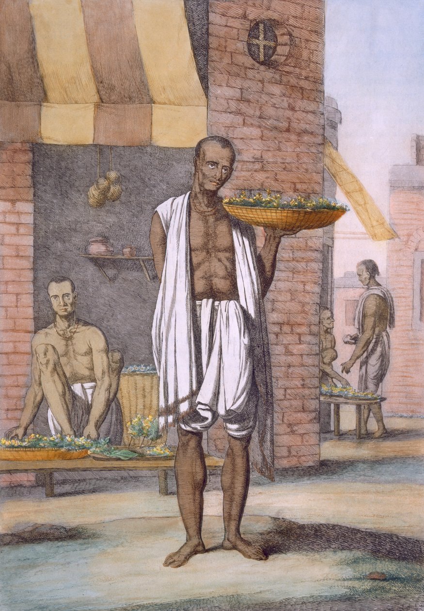 Homens floridos, de "Os hindus, ou a descrição de suas maneiras, trajes e cerimônias", c.1808-12 (gravura colorida) de Franz Balthazar Solvyns