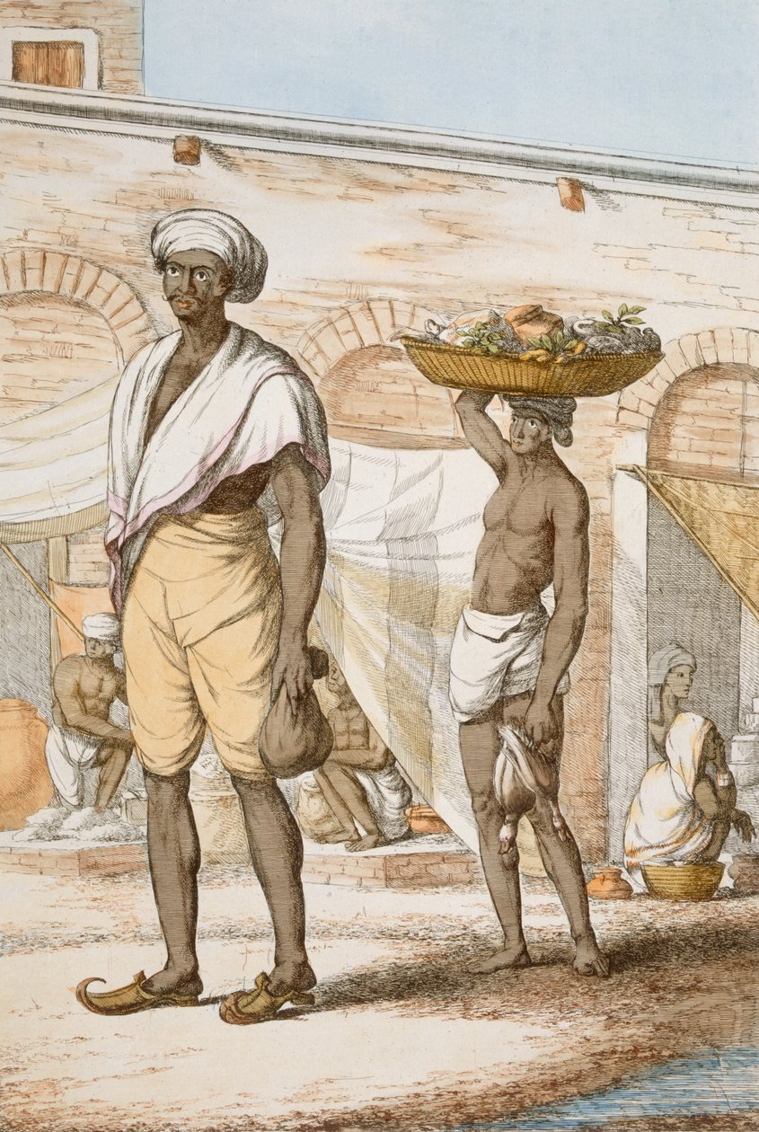 Manobrista hindu ou comprador de comida, de "Os hindus, ou a descrição de suas maneiras, trajes e cerimônias", c.1808-12 (gravura colorida) de Franz Balthazar Solvyns