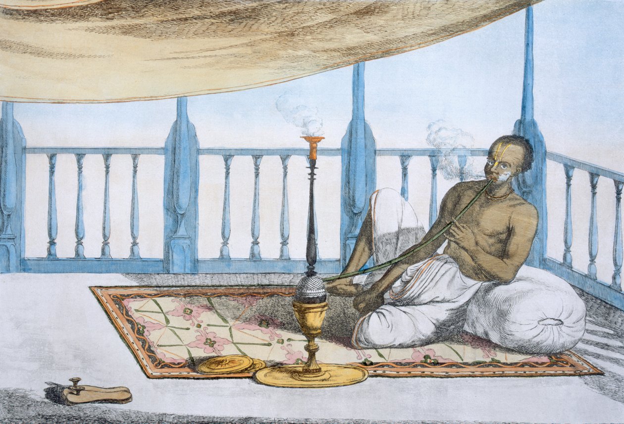 Homem fumando um narguilé de ouro de ópio de haxixe, de "Os hindus ou a descrição de seus costumes e cerimônias", pub. 1808-12 (gravura colorida) de Franz Balthazar Solvyns