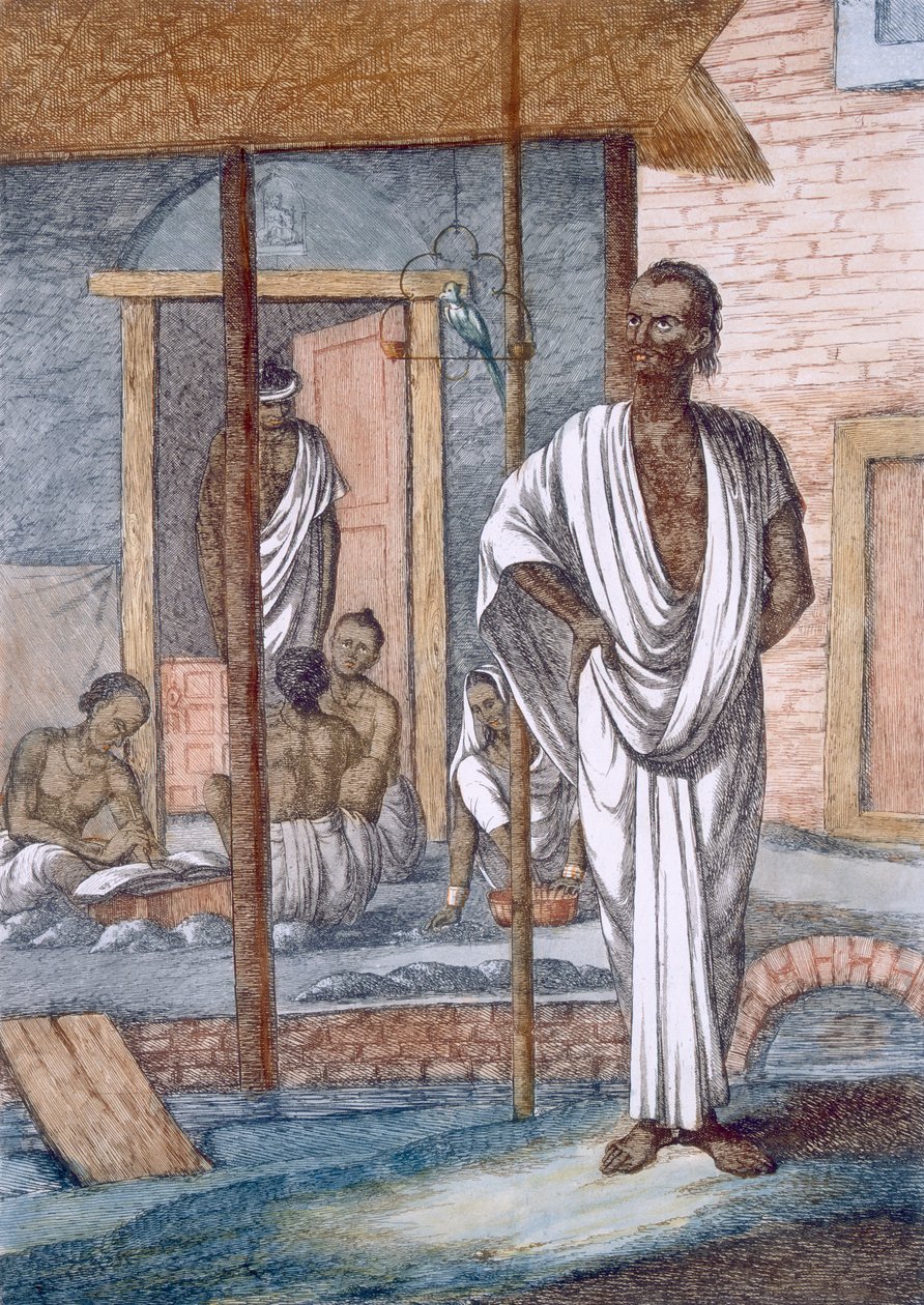 Trocador de moedas em sua loja, seu balconista registrando transações e um periquito de estimação, de "The Hindus, ou a descrição de suas maneiras, trajes e cerimônias", c.1808-12 (gravura colorida) de Franz Balthazar Solvyns