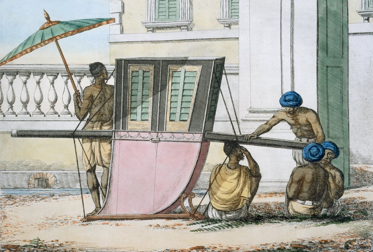 Assento de palanquim, de &39;As maneiras, costumes e vestidos dos hindus&39;, 1799 (gravura colorida) de Franz Balthazar Solvyns