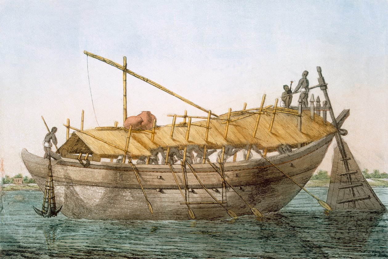 Wolack, embarcações fluviais para o transporte de mercadorias, de "The Hindus, ou a descrição de suas maneiras, trajes e cerimônias", c.1808-12 (gravura colorida) de Franz Balthazar Solvyns