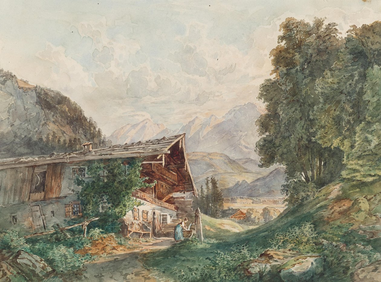 Paisagem alpina com casa de campo e mulher junto à fonte de Franz Barbarini