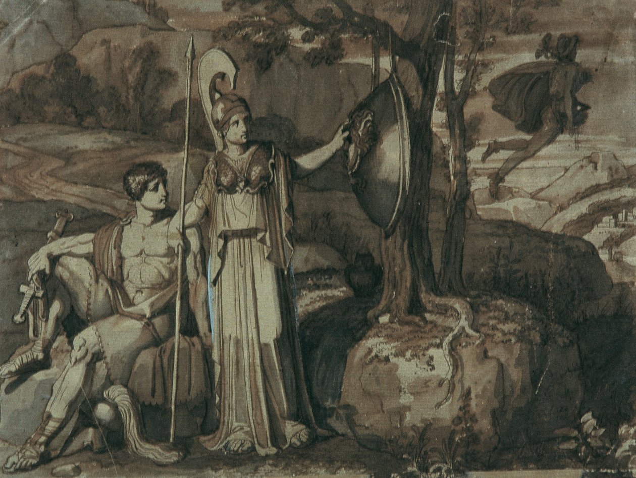 Cena da lenda de Perseu: Atena com o escudo da Górgona de Franz Caucig