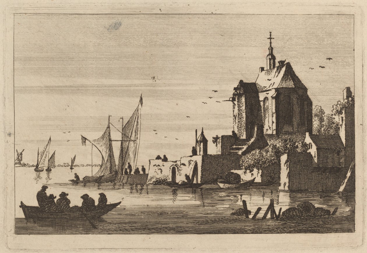 Igreja em uma enseada com barco a remo em primeiro plano de Franz Edmund Weirotter