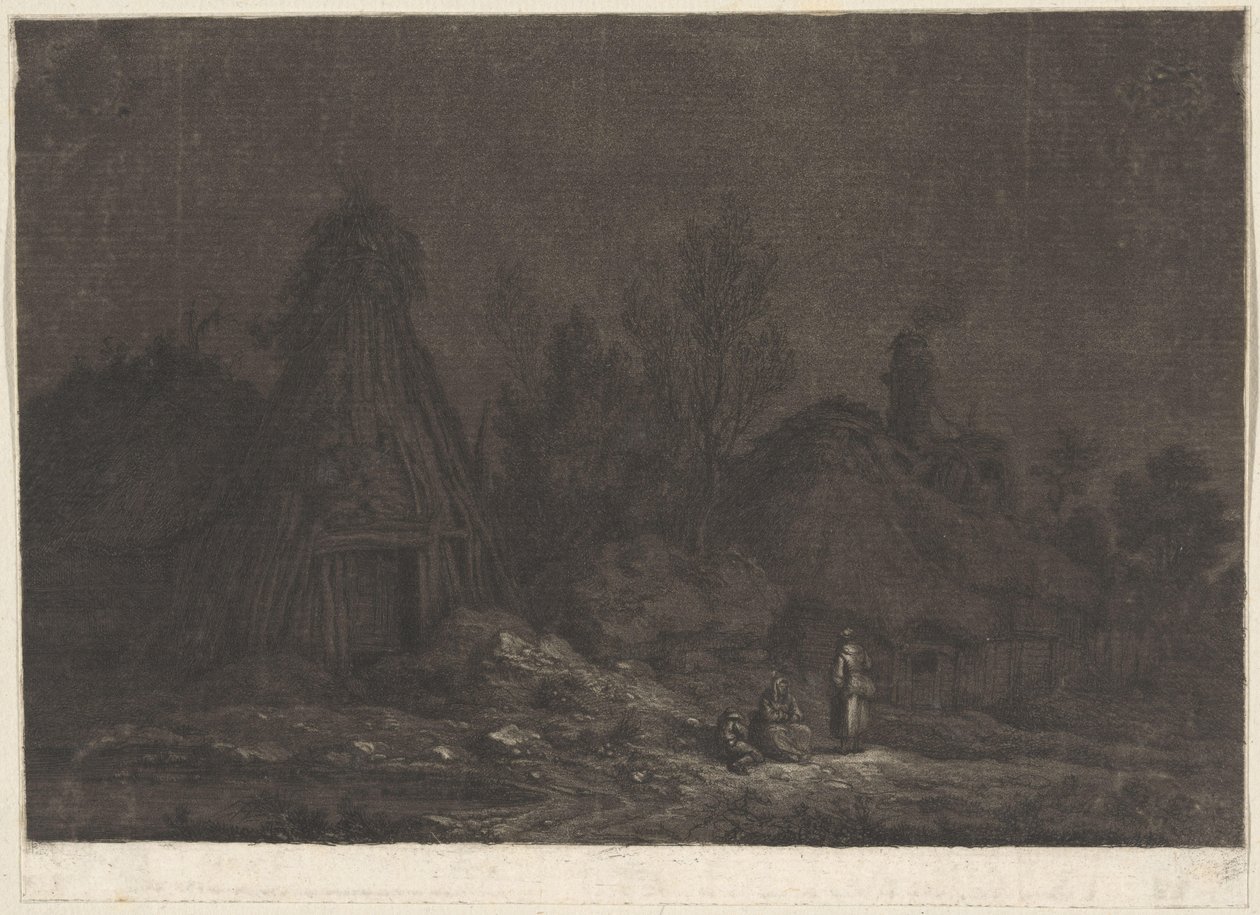 Cena do luar com figuras na frente de uma cabana XII Vues de la Normandie (título da série) de Franz Edmund Weirotter