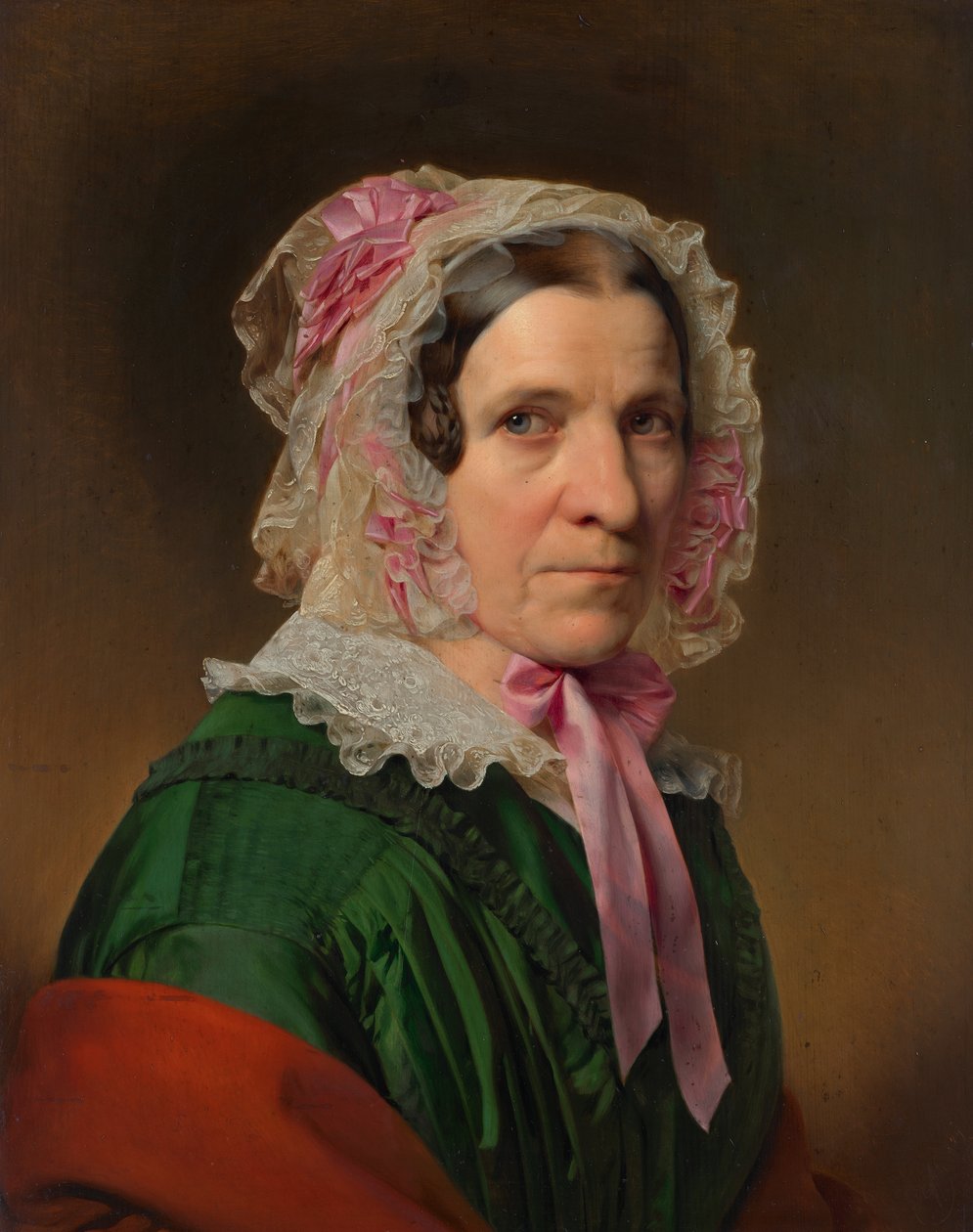 Retrato de uma senhora idosa com um gorro de renda e fitas cor de rosa de Franz Eybl