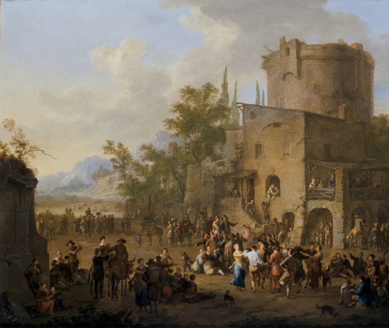 Vista de uma cidade italiana com figuras a dançar o Saltarello de Franz Ferg