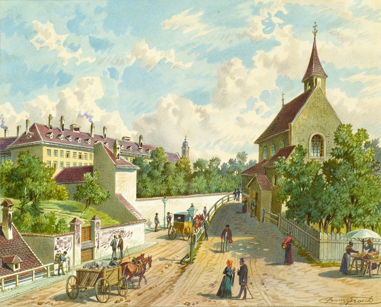 Währinger Strasse em Viena com a casa de suprimentos "Zum Blauen Herrgott" e o "Krawoten-Kapelle" de Franz Gerasch