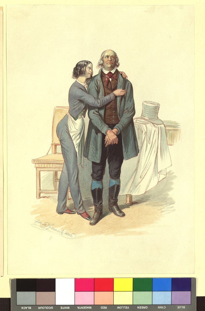 Ida Schuselka-Brüning como o rapaz padeiro Georg e Carl Carl como o rendeiro Landry em «Uma noite, uma madrugada e uma manhã em Paris» de Franz Gerasch
