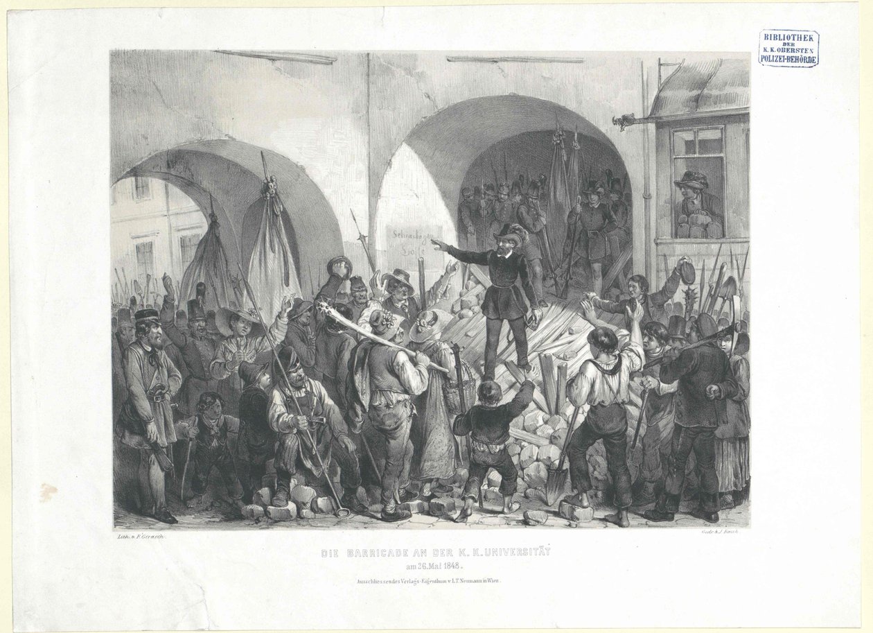 A barricada na Universidade K. K. em 26. maio de 1848 (litografia) de Franz Gerasch
