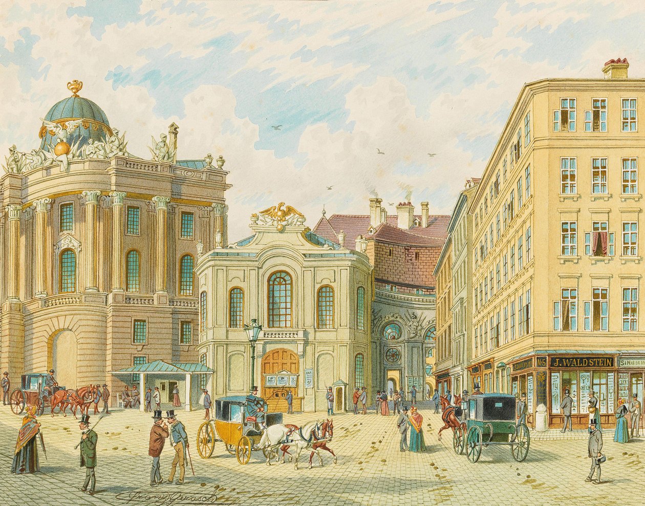 O antigo Burgtheater em Viena - Franz Gerasch (1826-1906). Aquarela sobre papel, início dos anos 1900. Dimensões: 23x29 cm. Coleção privada de Franz Gerasch