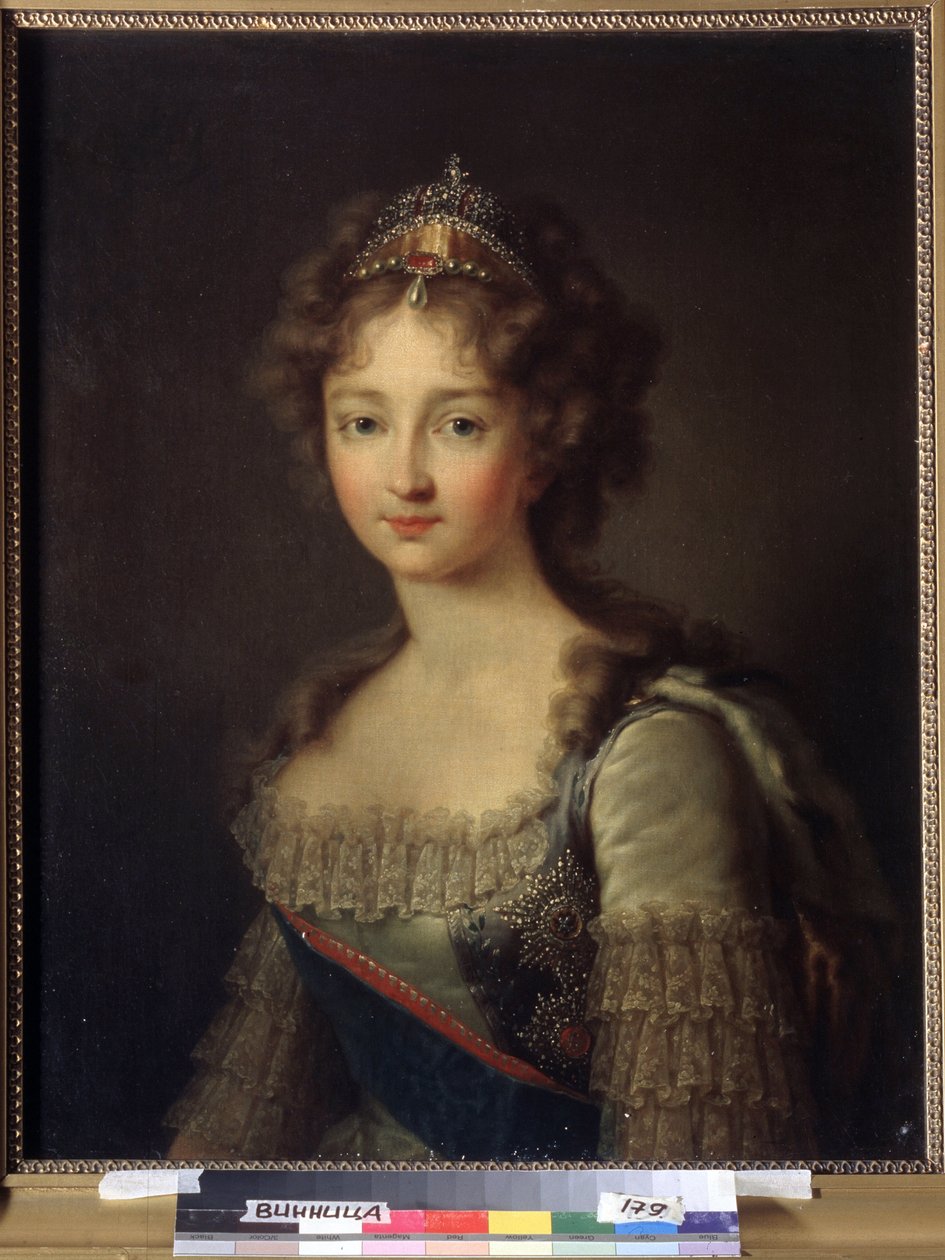 Retrato da Imperatriz Elizabeth Alexeievna, Princesa Louise Augusta de Baden (1779-1826). Ela está a usar um diadema de pérolas (Retrato da Imperatriz Elizabeth Alexeievna, Princesa Louise de Baden). Esposa do czar Alexandre I Pavlovich (1777-1825). Pintur de Franz Gerhard von Kugelgen