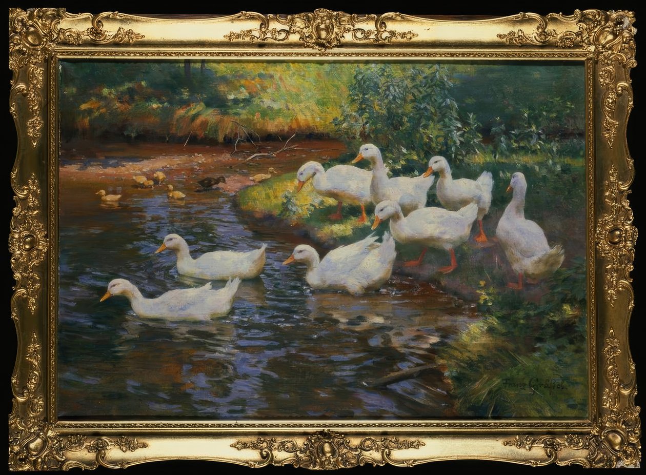 Família de pato (patos com filhotes na margem do rio) de Franz Grassel