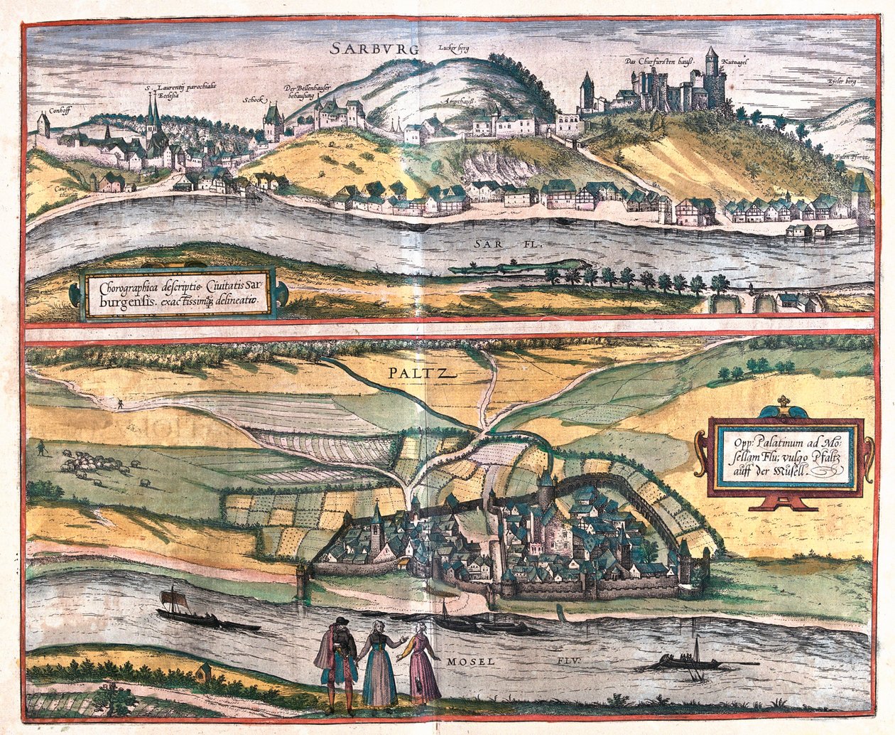 Visão exata da cidade de Saarburg e da cidade de Pfaltz an der Mosel, Alemanha (gravura de Franz Hogenberg