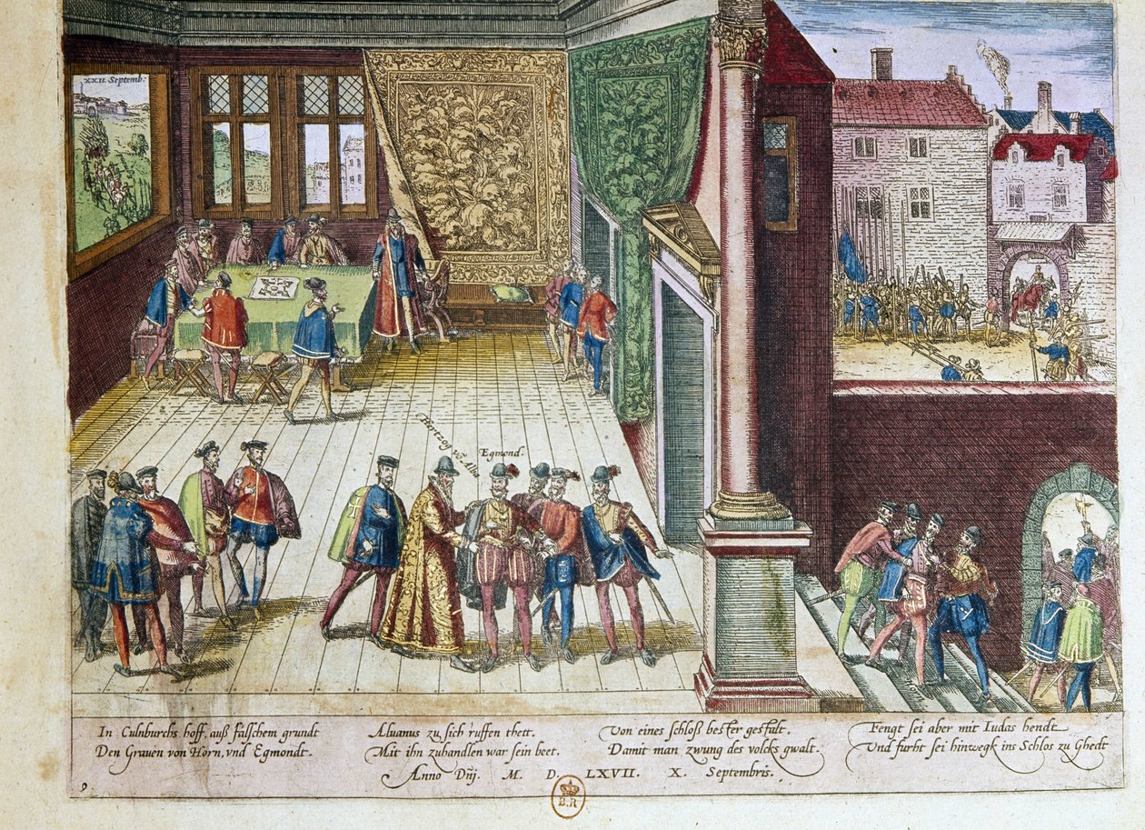 Prisão de Lamoral, conde de Egmont (1522-1568) e Philippe de Montmorency (1524-1568), conde de Hornes (Hoorn) pela sua posição contra o rei Philippe II de Espanha (1527-1598). Foram executados em 1568 (canto superior direito) 1653 Impressão por F de Franz Hogenberg