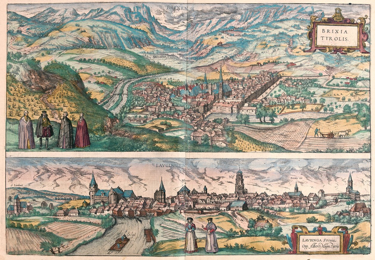Brixen (Bressanone), Itália e Lauingen, Donau, Alemanha (gravura de Franz Hogenberg