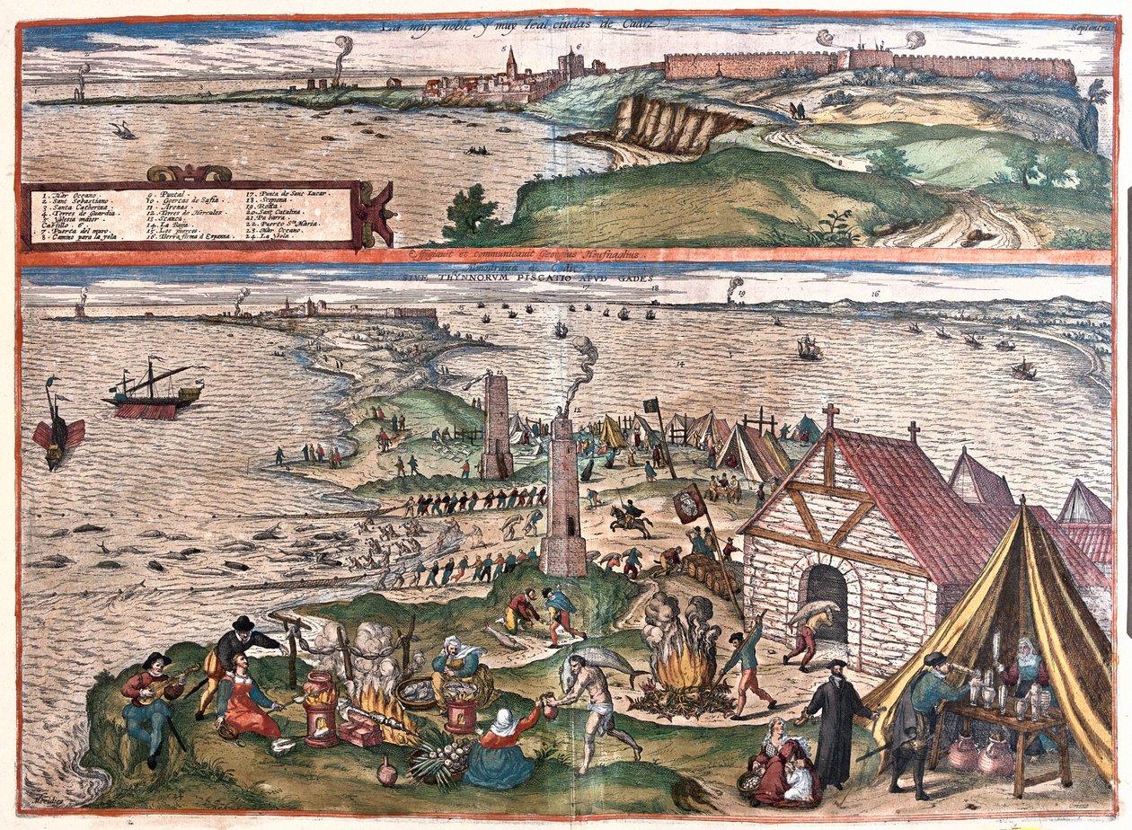 Cádiz, Espanha.(Alto: a capela de São Sebastião, em baixo: A indústria de pesca de atum de Cádis. No centro, as torres de vigia (gravura de Franz Hogenberg