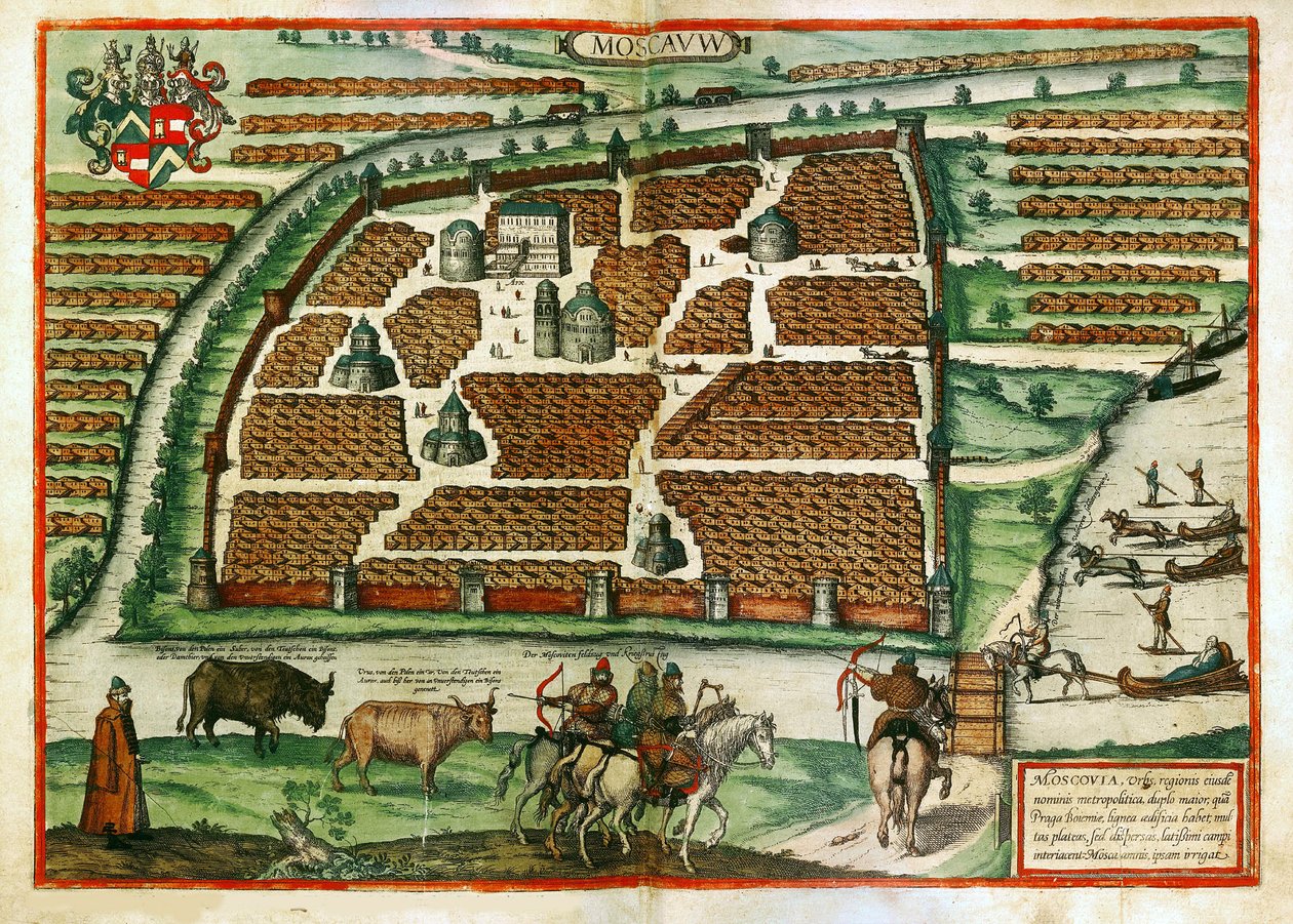 Mapa de Moscou (Rússia) - Obra de Frans Hogenberg (1535-1590), gravura e aquarela extraídas do terrário Civitates orbis de Franz Hogenberg