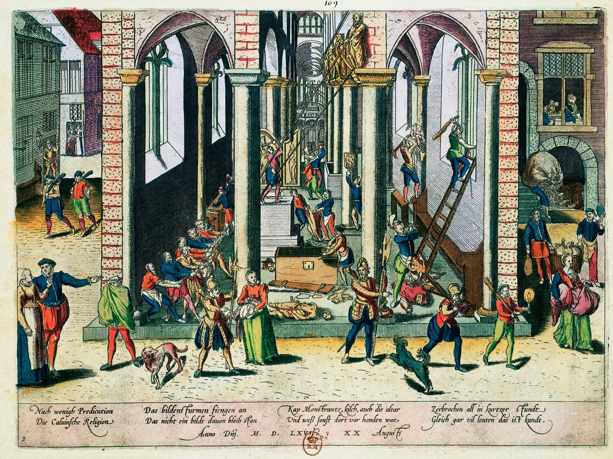 Destruição de relíquias e estátuas em igrejas, abril de 1566 (gravura colorida) de Franz Hogenberg