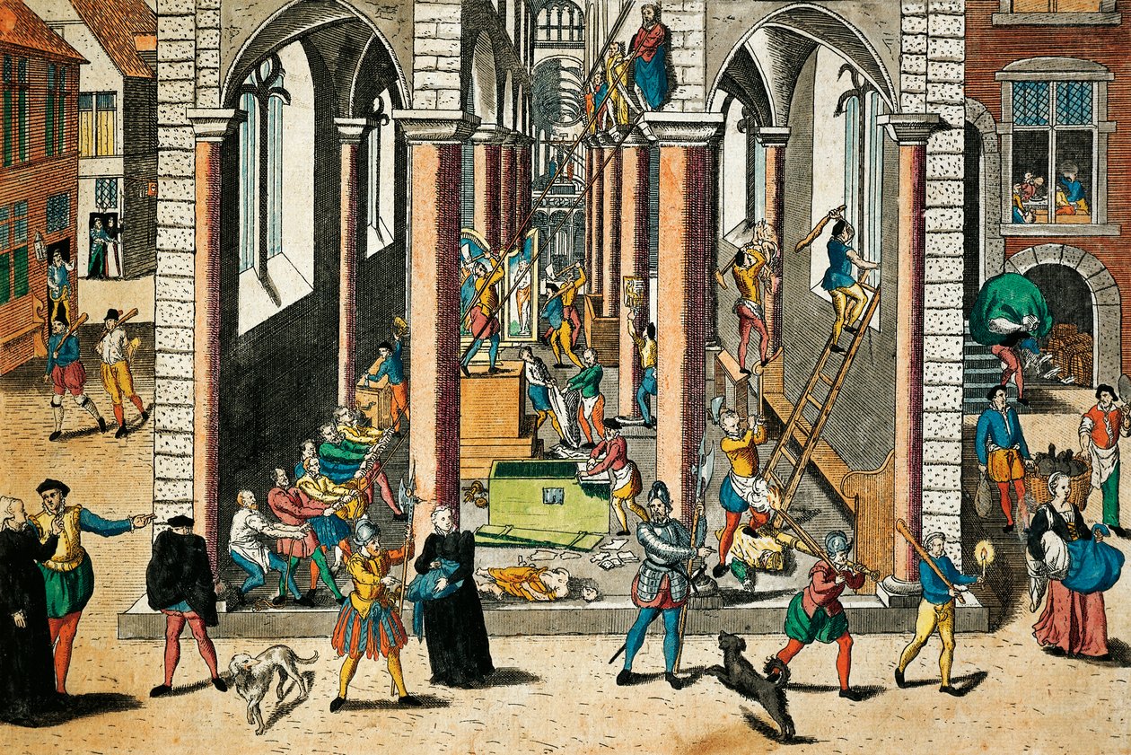 Destruição de relíquias e estátuas em igrejas, abril de 1566, gravura de Franz Hogenberg (1535 - 1590), Guerras de Religião, França de Franz Hogenberg