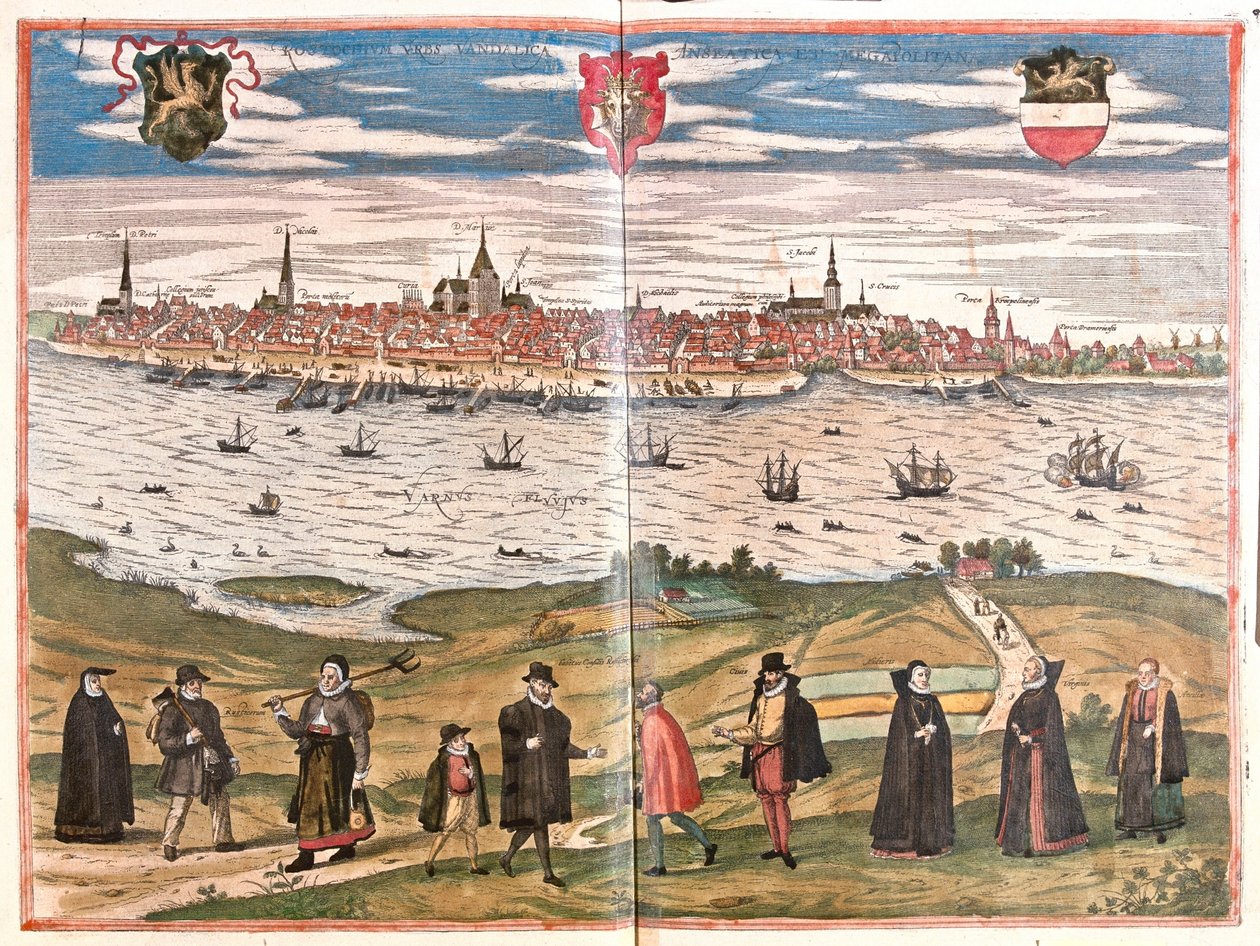 Vista geral de Rostock, Alemanha (gravura de Franz Hogenberg