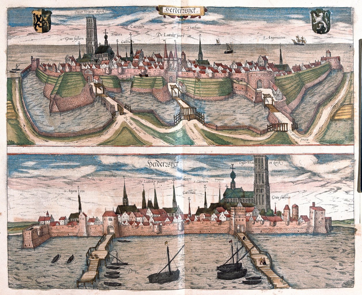 Harderwijk, o pequeno porto no Zuiderzee (IJsselmeer Lake), Holanda (gravura de Franz Hogenberg