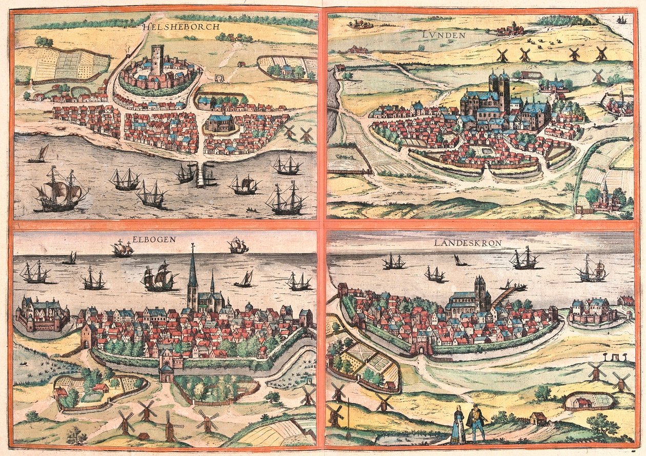Helsingborg, Lunden, Malmo e Landskrona (Suécia) (gravura de Franz Hogenberg