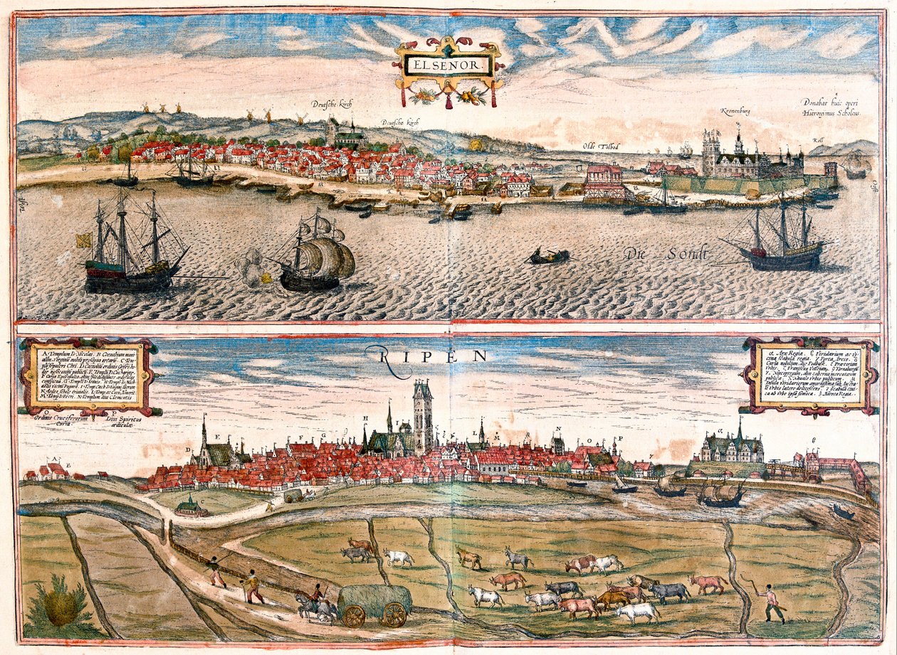 Helsingor e Ribe, Dinamarca (gravura de Franz Hogenberg