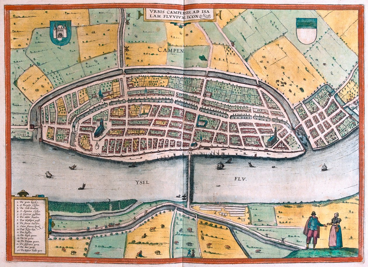 Kampen e o rio IJssel ou Yssel, Holanda (gravura de Franz Hogenberg