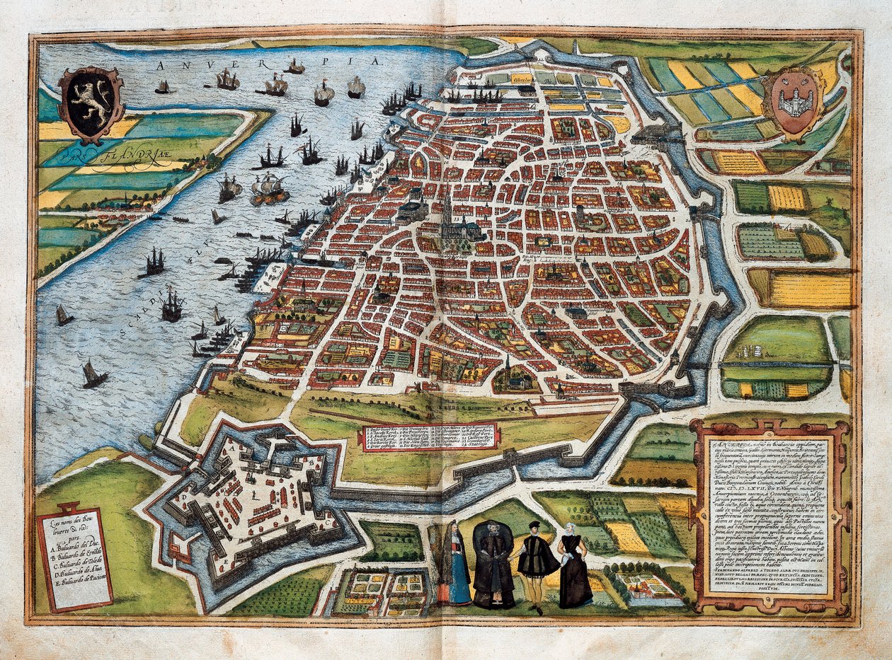 Mapa de Antuérpia, de "Civitates orbis terrarum" (gravura colorida) de Franz Hogenberg