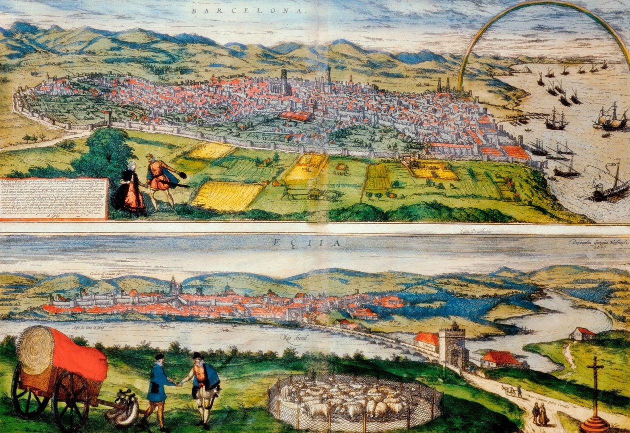 Mapa de Barcelona e Ecija de Civitates Orbis Terrarum, de Georg Braun de Franz Hogenberg